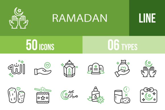 50 Ramadan Green Black Icons for Embroidery Projects